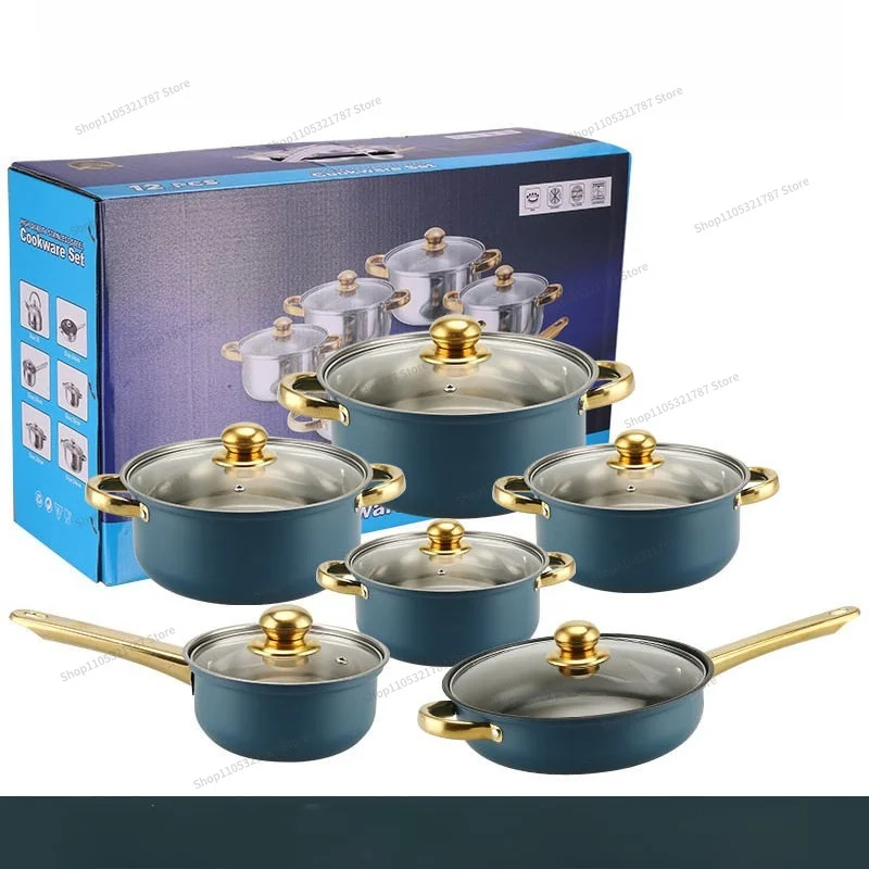 For 12-Piece Color Stainless Steel Set Pot Non-Stick Pot Gold Plated Handle