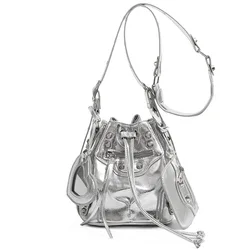 New Versatile Drawstring Women's Bag, Fashion Bucket Bag, Rivet Biker Bag, Premium Casual Commuter Shoulder Crossbody Bag