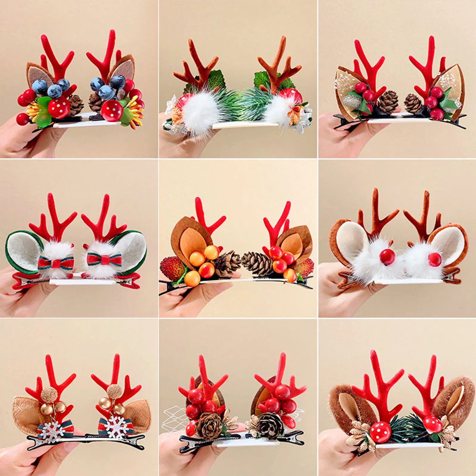 Pinces à cheveux de noël pour femmes et enfants, 13 couleurs, 1 pièce, mignonnes en bois et oreilles d'aubépine de pomme de pin, pinces en Alligator