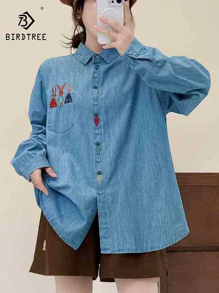 

New 2026 Spring Women Long Sleeve Denim Shirt, Turn-down Collar Rabbit Embroidery, Mori Girl Preppy Style Loose Blouse T62122CC