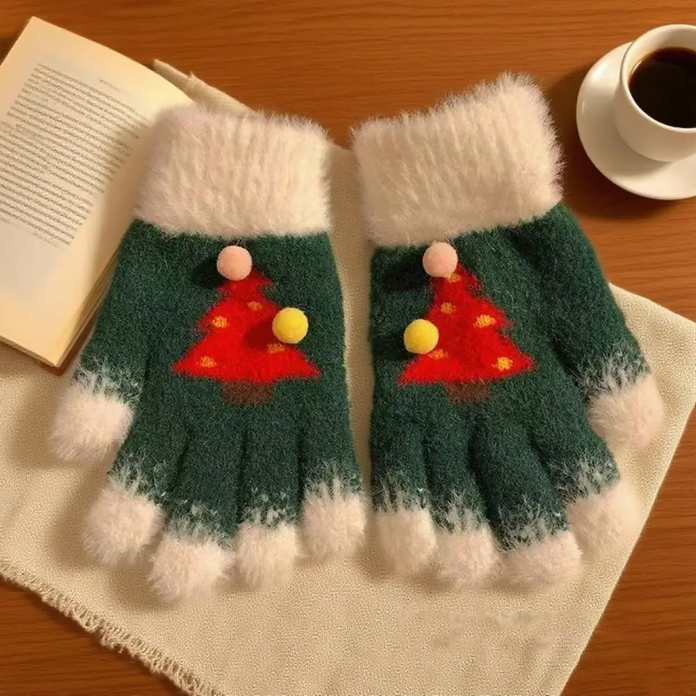 Christmas Gloves Winter Warm New Knitted Unisex Christmas Tree Pattern Gloves Winter Touch Screen Fuzzy Gloves for Adults Kids