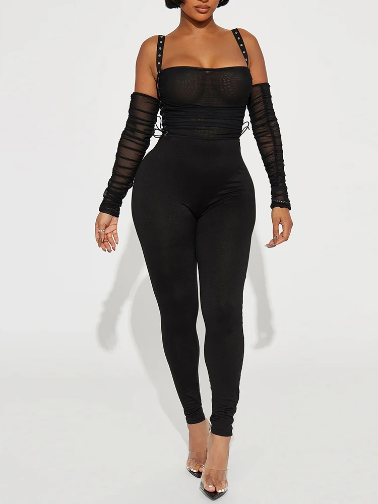 Weird Puss Sexy Women 2 Piece Set Sexy Summer Trend See Through Camisole+Glove+Leggings Skinny Fit Midnight Hipster Fashion Suit