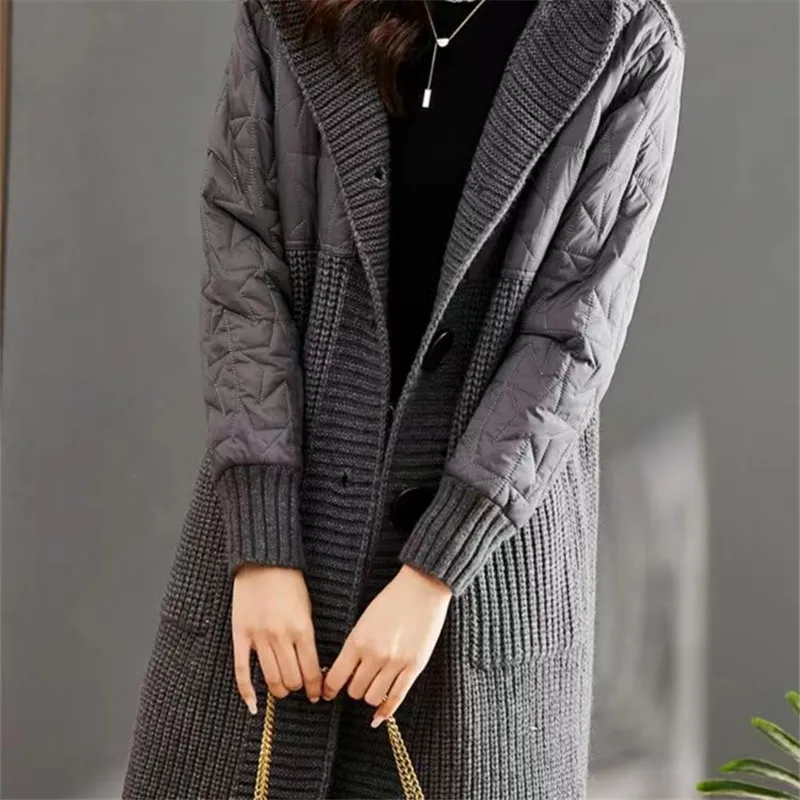 Women\'s Cardigan Coat Autumn Winter Patchwork Pockets Solid V-neck Long Sleeved Knitted Sweater Jacket Fashion Casual Lady Tops