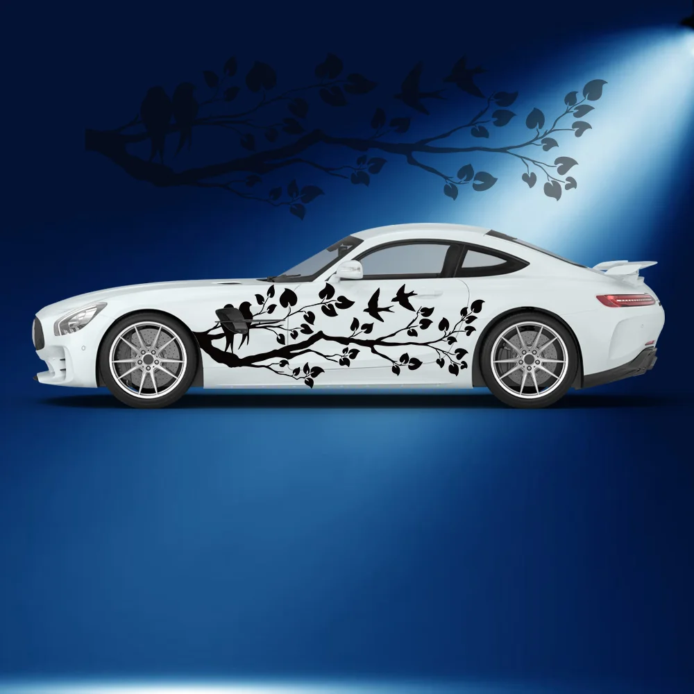 

Черные цветы птицы узор боковая наклейка автомобиля виниловая самоклеящаяся бумага автоспорт краска наклейка подходит для украшения грузовика внедорожника