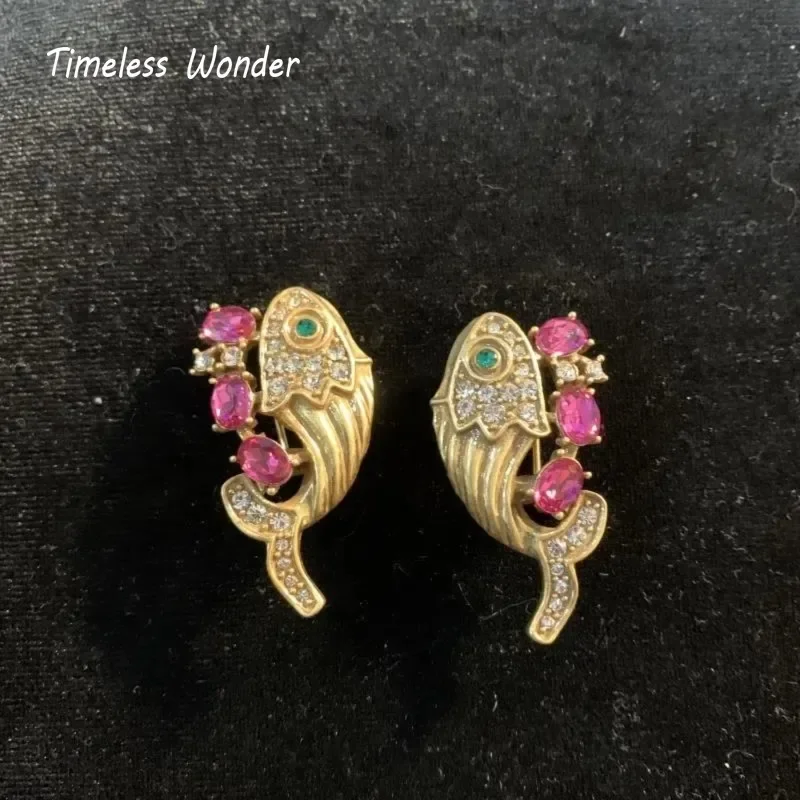 Timeless Wonder Retro Zircon Fish Button Earrings for Women Designer Jewelry Punk Luxury Vintage Chinese Style Party Rare 5329