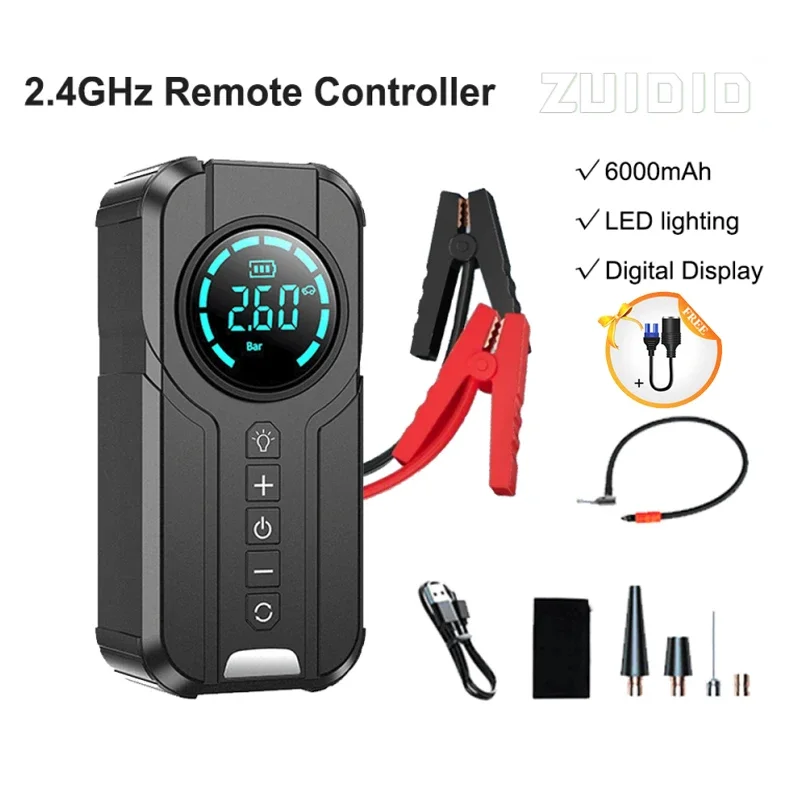 Car Jump Starter With Air Compressor Portable Air Compressor Air Pump Power Bank Cars Battery Starters Starting Tyre Inflator