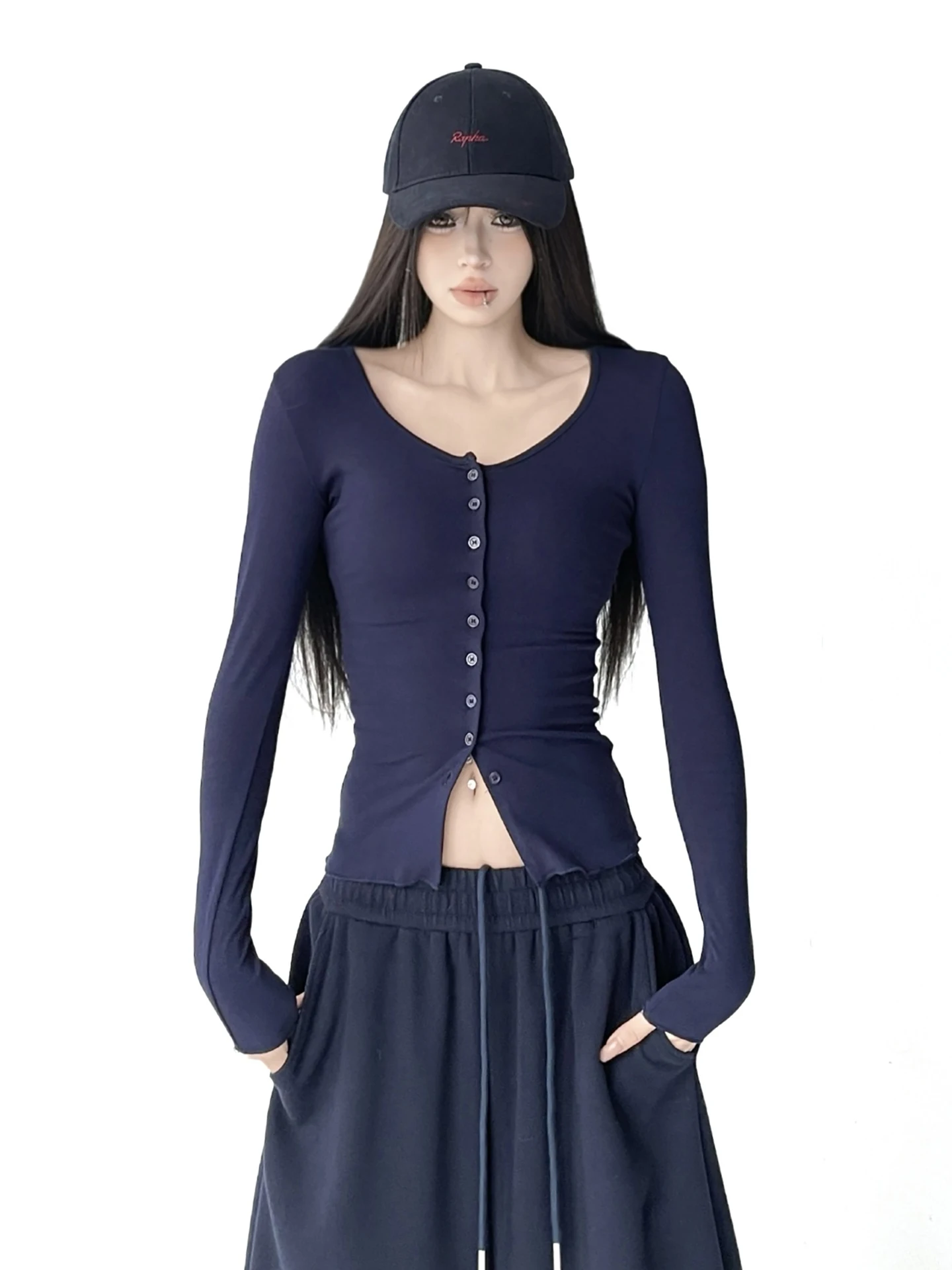 섹시한 순수한 욕망 버튼 가디건 티셔츠 여성용 2025년 신상 가을 겨울 슬림 핏 롱 슬리브 탑 여성 패션 슬리