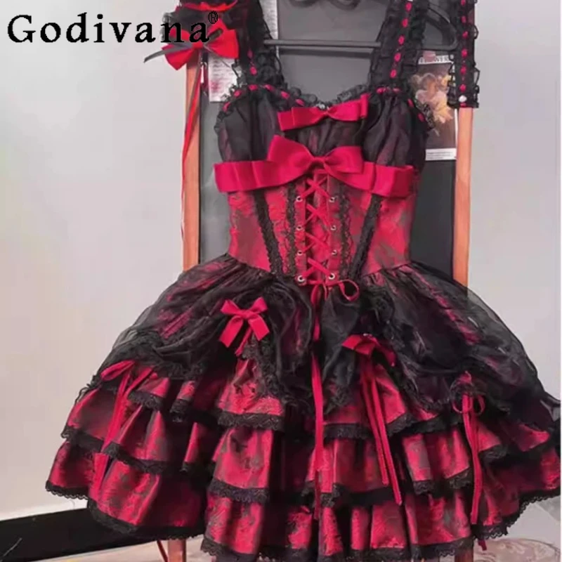 

Black Red Lolita Subculture Sexy JSK Suspender Dresses Temperament Square Neck Sweet Bow High Waist A-line Halloween Cake Dress