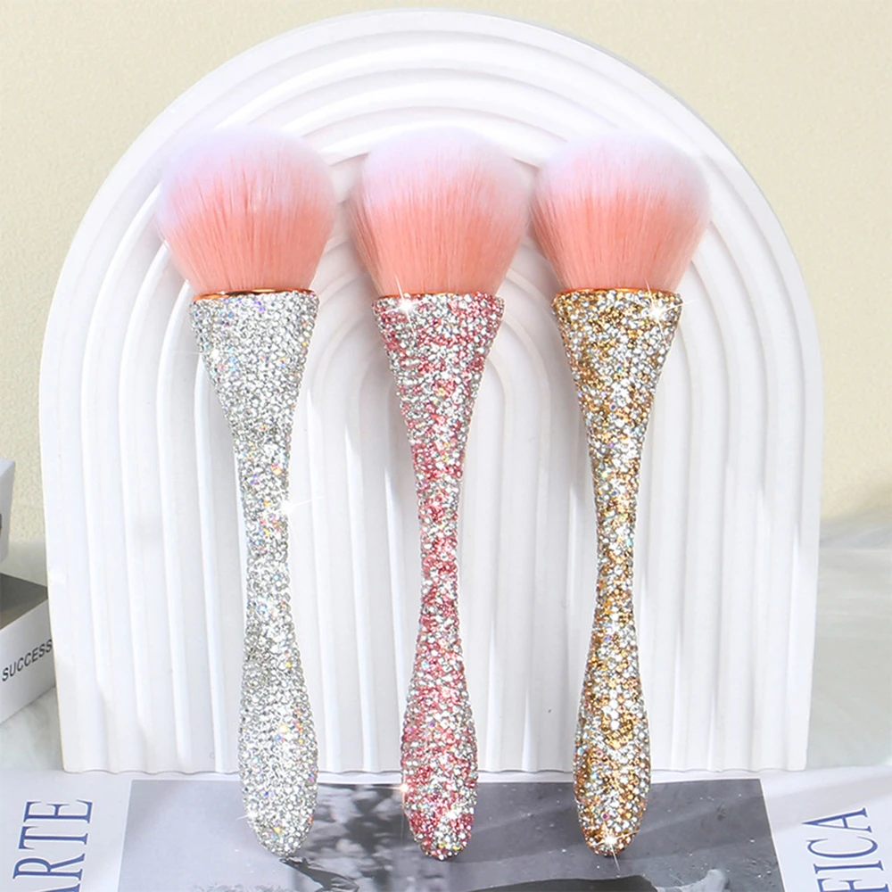 Nail Dust Brush with Shiny Rhinestones Silver/Gold/Pink Dust Brush for Nails Fluffy Nail Duster Cleaner Nails Powder Remover