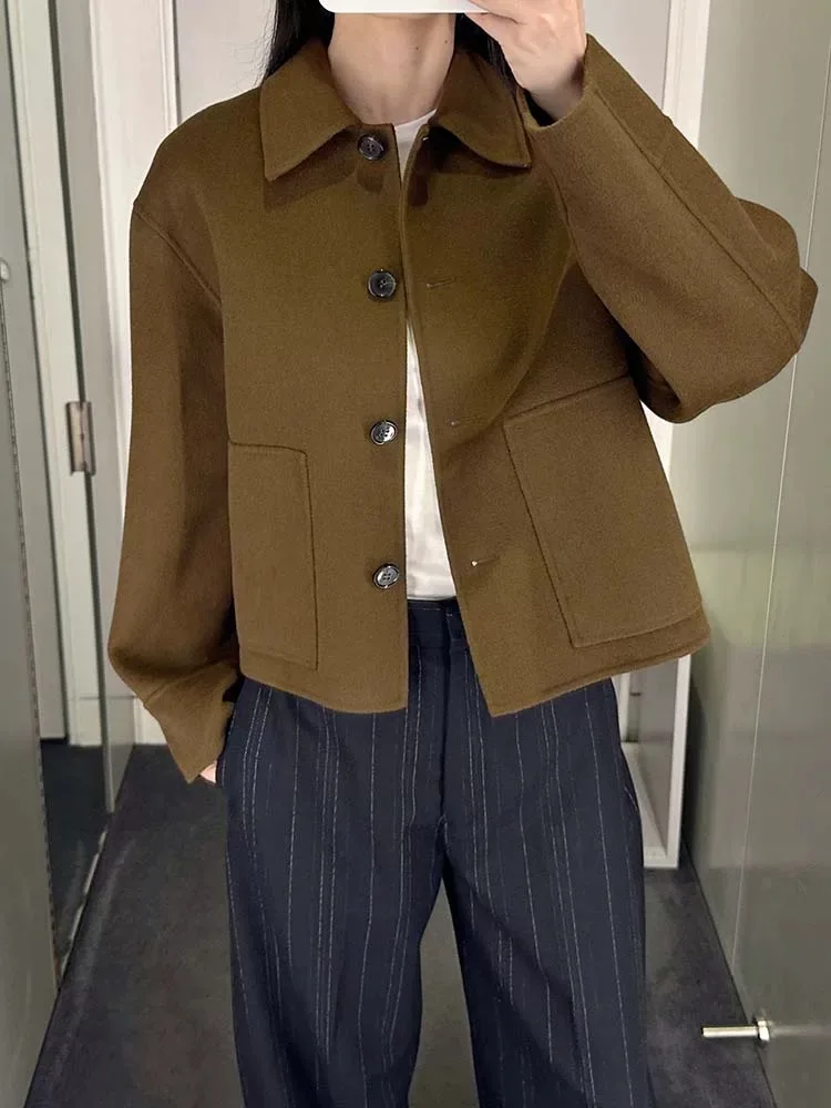 معطف نسائي قصير بتصميم بسيط من مزيج الصوف ذو وجهين، مناسب للارتداء اليومي، مصنوع من جلد الغنم، إصدار جديد لفصلي الخريف والشتاء #3