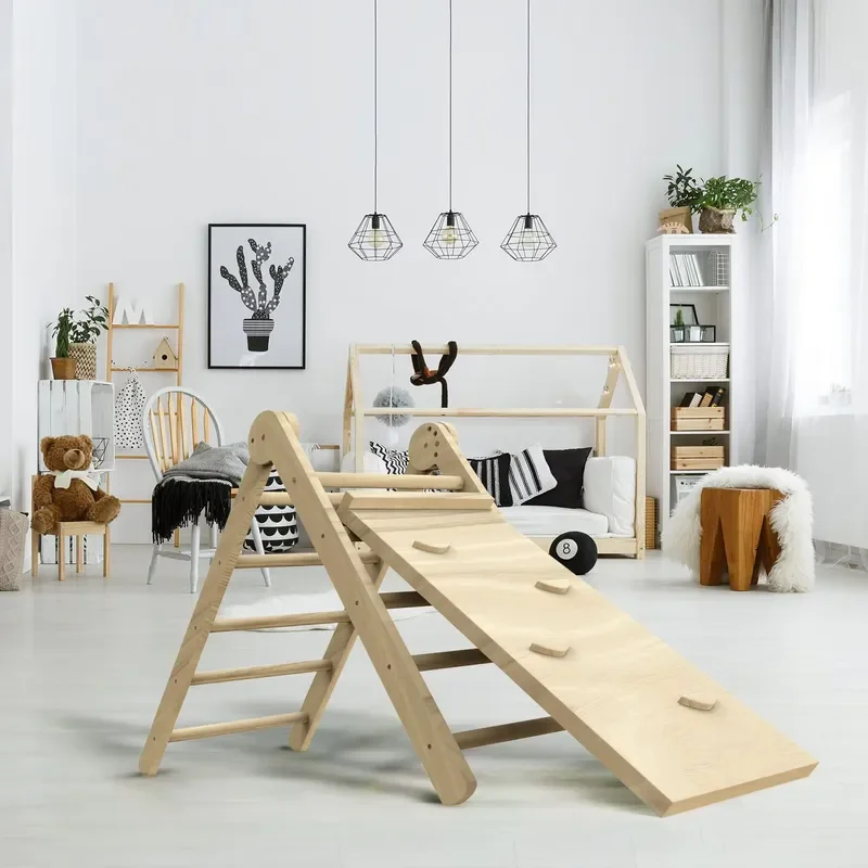 Adjustable Wooden Triangle Climbing Frame with Slide and Ramp Folding Montessori Play Gym for Toddlers 1-3 Years Old Indoor