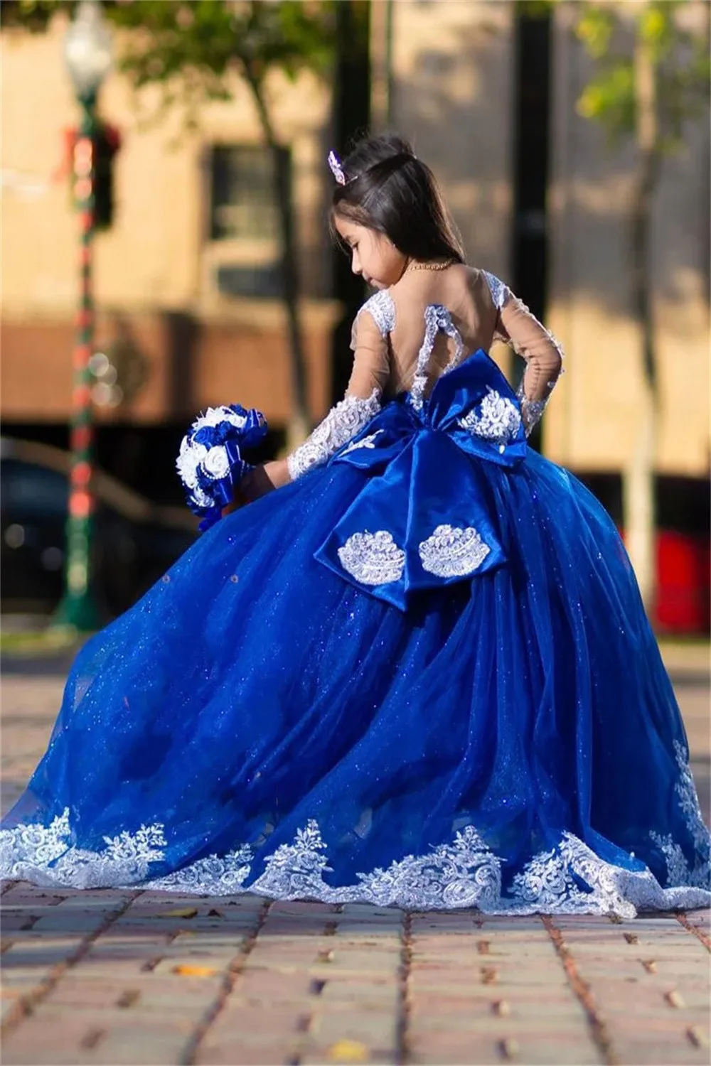 Vestido de manga cheia para princesa infantil, renda real, vestidos apliques para floristas, vestido de festa comprido, gola redonda, azul royal e branco