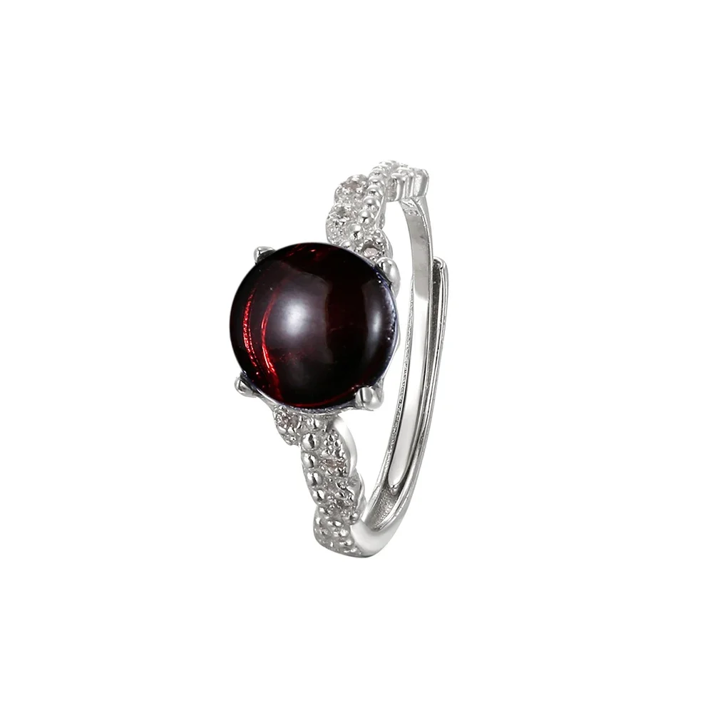 Women's S925 Sterling Silver Ring 8mm Natural Cherry Amber Adjustable Open Bands Handmade Boho Jewelry