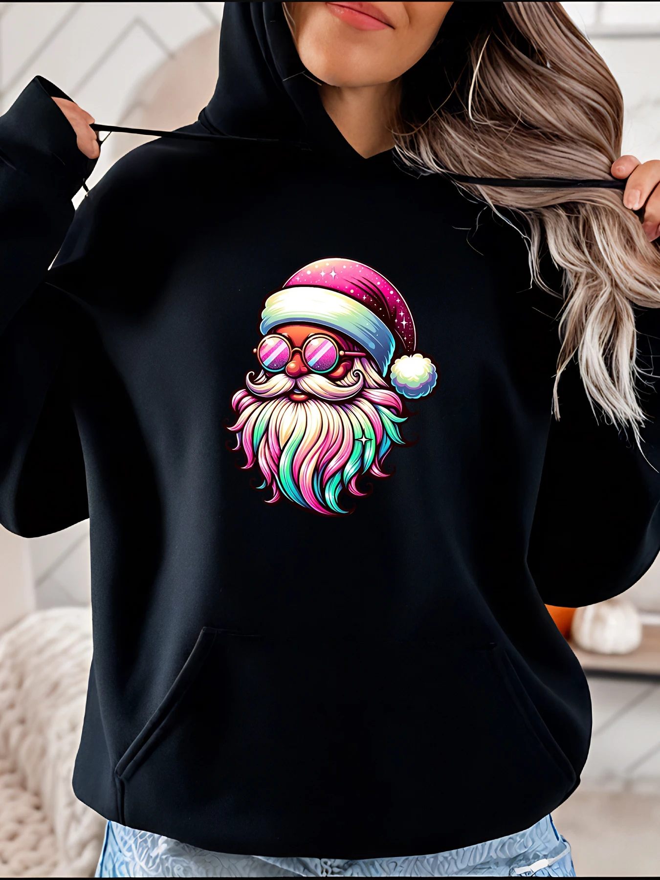 

Rainbow Santa Claus Print Hoodie Casual Style Colorful Beard and Hat Design for Women Winter Holiday Wear