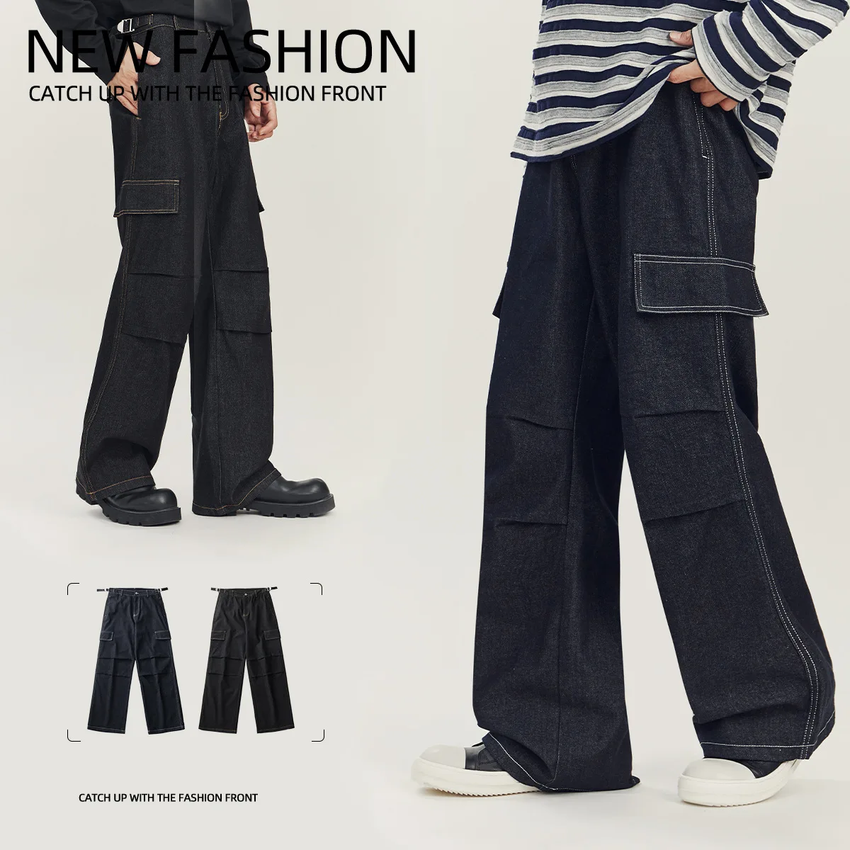 

Waed Denim Jeans Loose Casual Straight Leg Men's Workwear Trousers Comfortable Fit American High Street Sle Cotton 00%