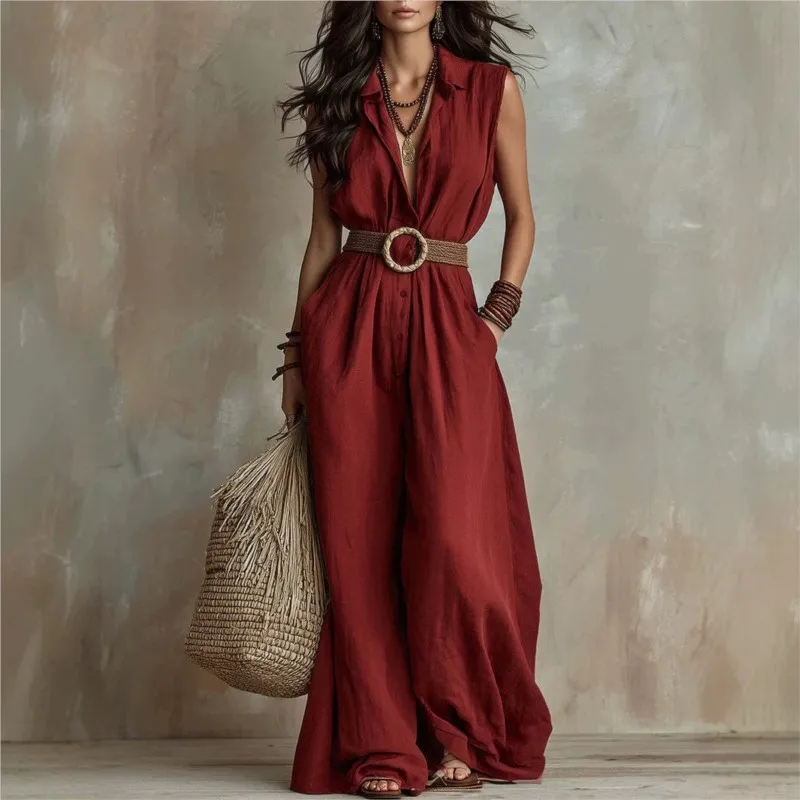 

2026 New Summer Women's Jumpsuit Solid Color V-neck Waist Cinching Temperament Elegant Commuting Sexy Fashionable Jumpsuit Pants