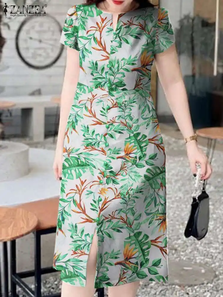 

Women Plant Printed Dress Holiday ZANZEA Bohemian Slit Midi Sundress Fashion Summer 2024 V-neck Robe Casual Short Sleeve Dresses