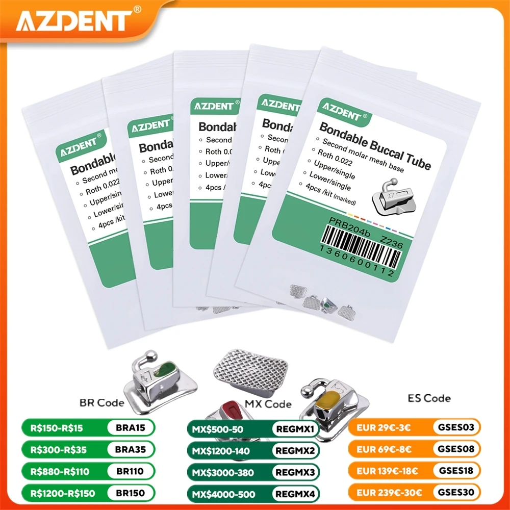 5 упаковок Стоматологічна ортодонтична буккальна трубка AZDENT Bondable Non-convertible для 2-х молярних зубів Roth MBT Edgewise 0,022 0,018