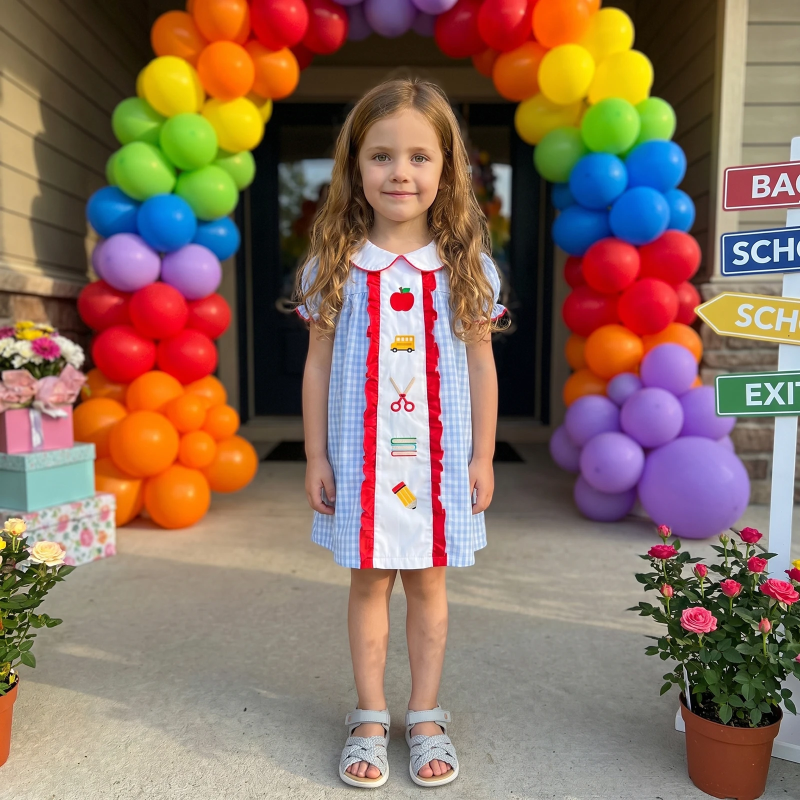 Girls Back to School Dress Apple School Bus Pencil Embroidery Doll Collar Short Sleeve A-line Dress Kids Summer Plaid Dress