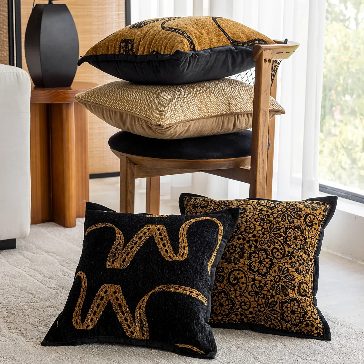 

Brown Black Retro Jacquard Cushion Cover Light Luxury Pressed Edge Pillowcase 45*45cm Bedhead Sofa Pillow Covers Decorative