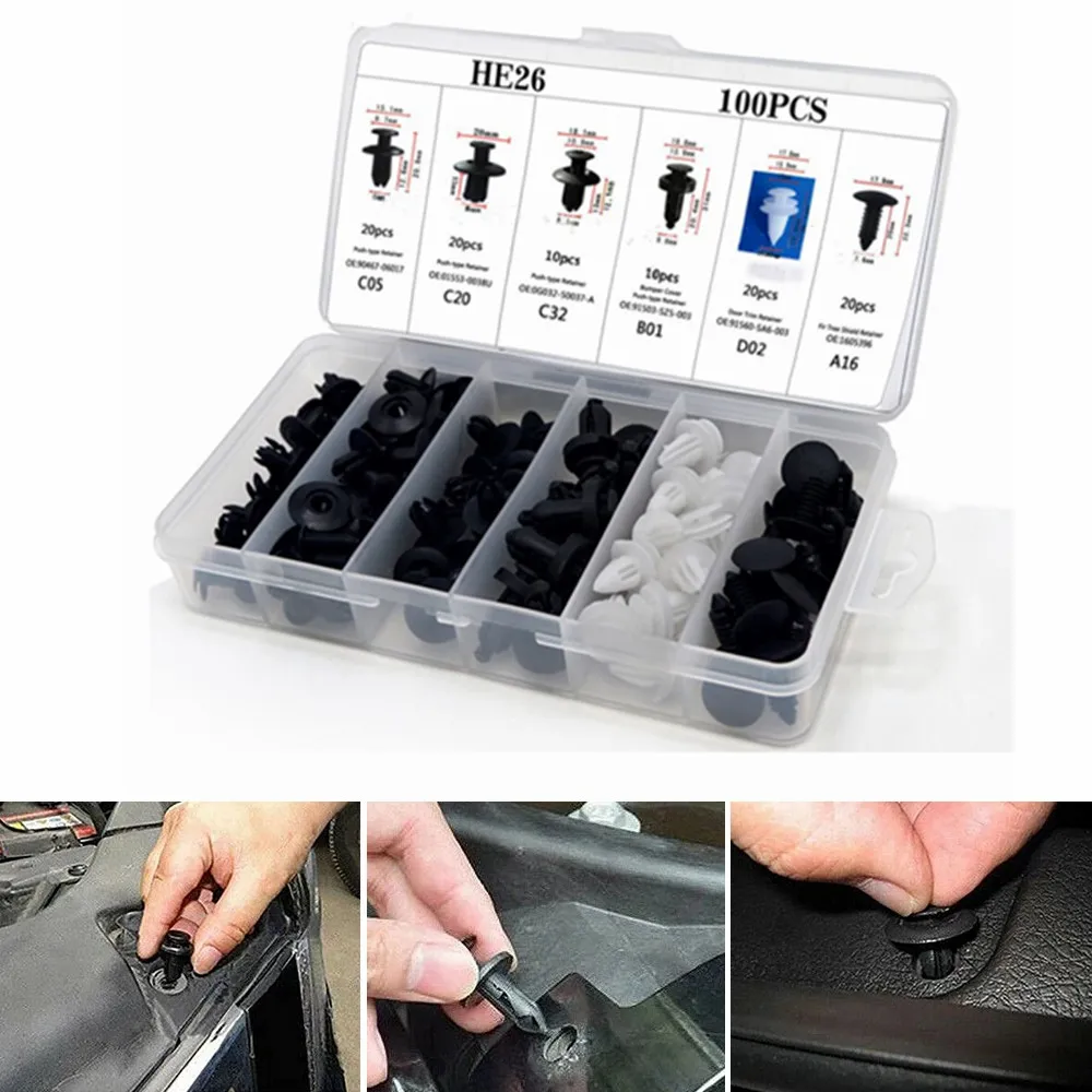 100pcs Car Fastener Clip Kit Fender Rivet Clips Screw for Auto Retainer Pin Rivet Bumper Door Trim Panel Retainer Car Clips