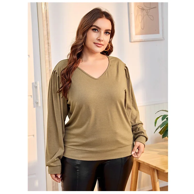 

Plus Size Elegant Fashion Blouse 6XL 7XL 8XL Women Long Puff Sleeve Sexy V-neck Spring Casual Ribbed Knitted Tops T-shirt Female