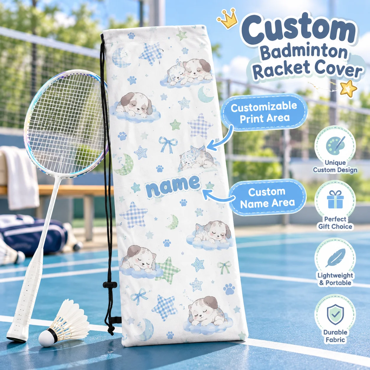 Custom Racket Cover Personalized Name Logo Print Twill Composite Lightweight Badminton Racket Sleeve for Court Training Travel