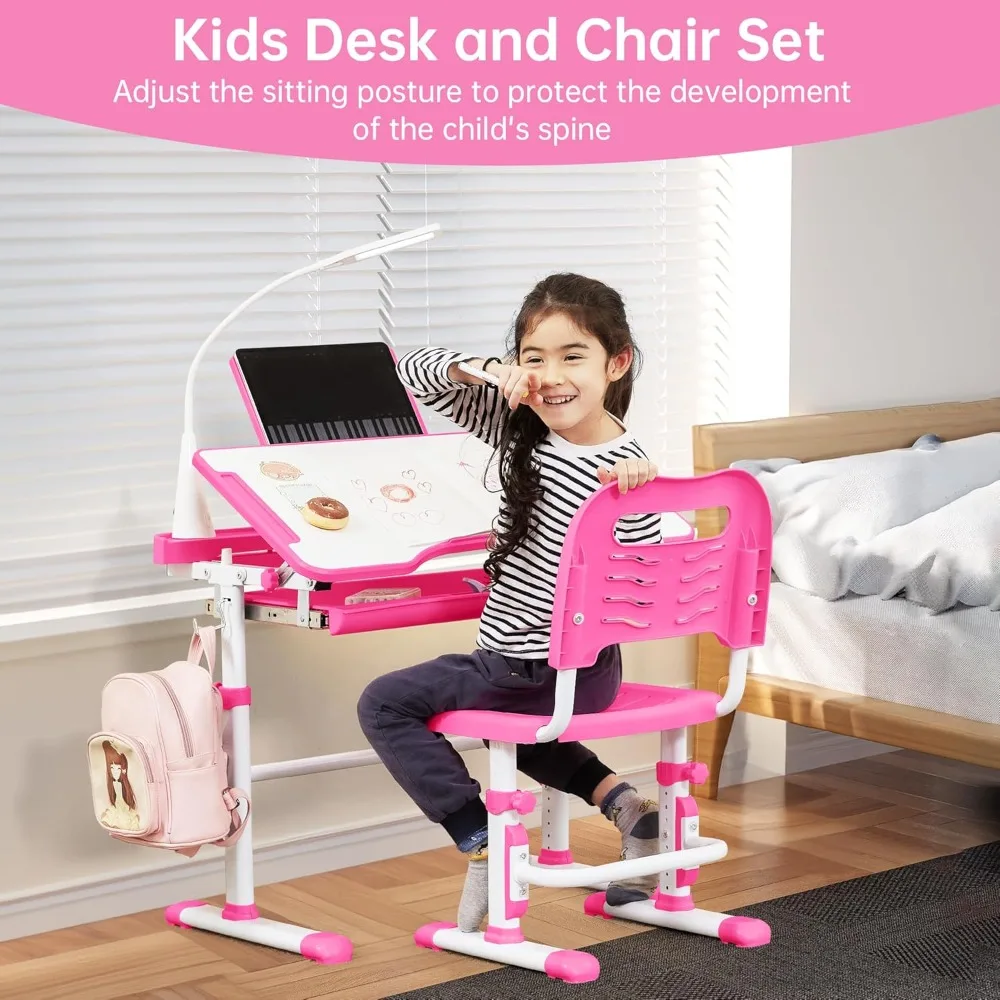 Height Adjustable Childrens Desk and Chair Set, Kid's School Workstation with Tilt Desktop