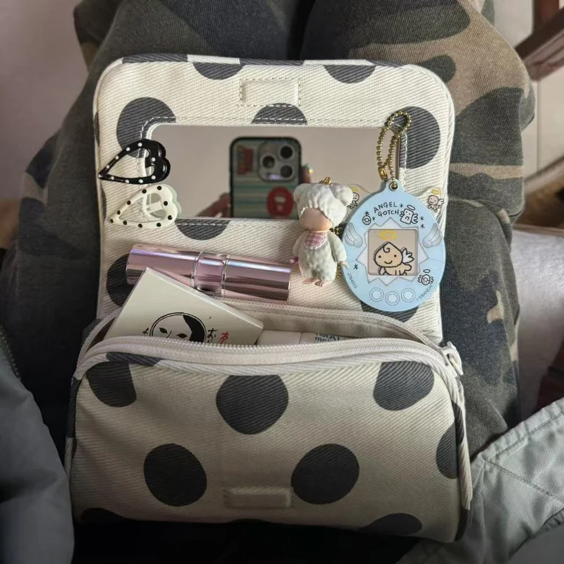 Modische Rosa Gestreifte Kosmetiktasche mit Spiegel, Damen Polka Dot Make-up-Tasche, Tragbare Reise-Lippenstift-Toilettentasche – Detail 12