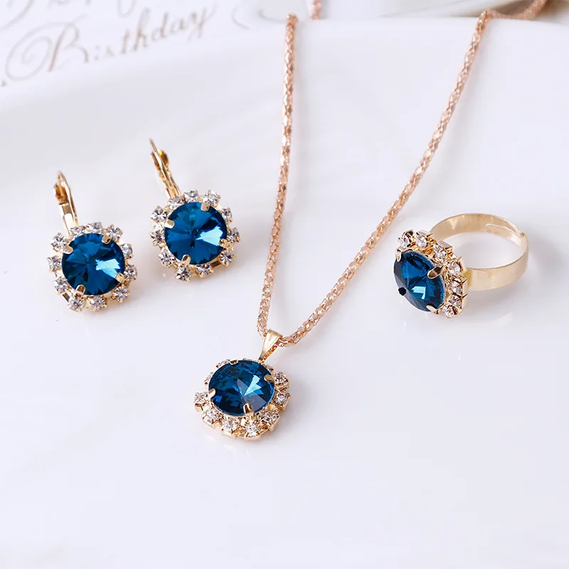 Fashion Jewelry Set for Women Round Crystal Pendants Earrings Ring Sets Bridal Decoration Colorful Three Piece Gifts Conjunto