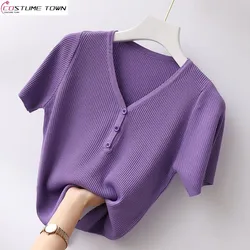 Summer New Ice Silk T-shirt Women's Short Sleeved Korean Version Short V-neck Thin Slim Fit Slimming and Age Reducing Top