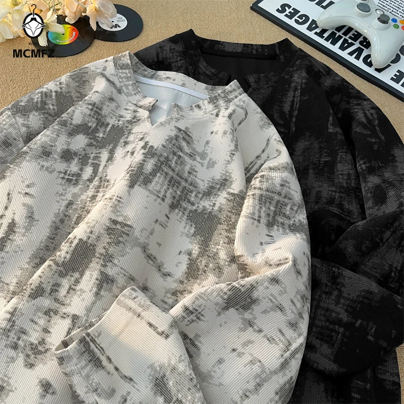 남성 가을 기본 긴팔 티셔츠 크루넥 마블 잉크 프린트  - Winter Cloth 리뷰 및 가격