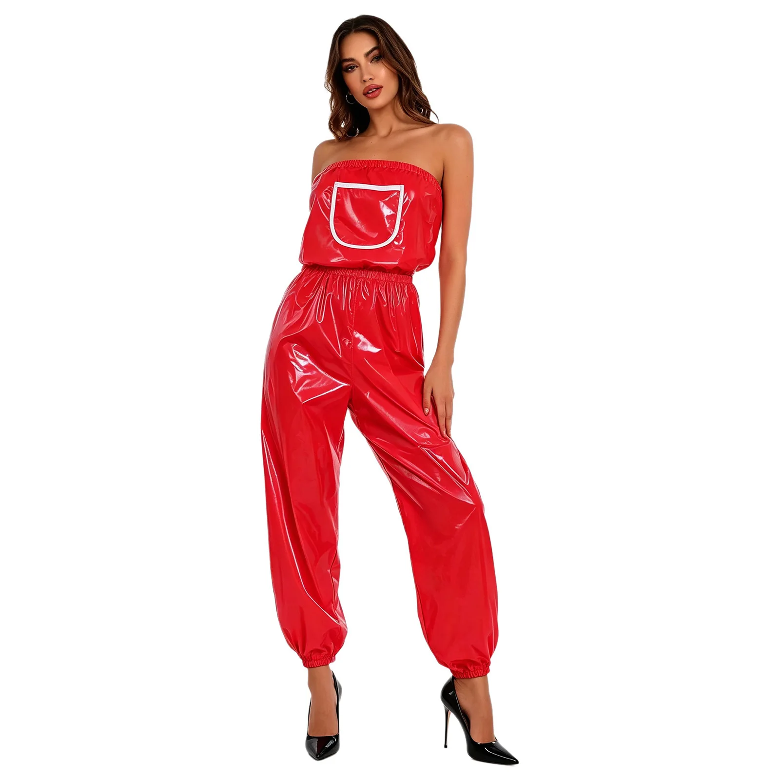 Womens Y2K Glossy Jumpsuit Waterproof Strapless Elastic Waist Stretchy Bodysuit Adaptive Rompers Rave Party Clubwear Streetwear