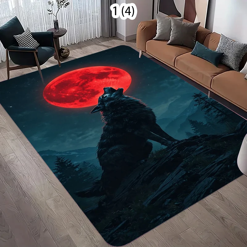 Starry Sky Wolf Silhouette Pattern Area Rug Cosmic Style Non-Slip Mat for Living Rooms Leisure Areas Fantasy Home Spaces