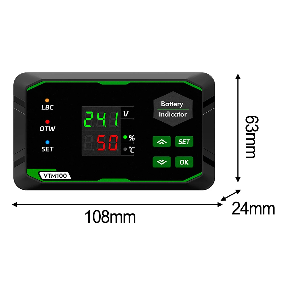 0-100 Battery Power Meter Energy Management Adjustable Low Voltage Alarm Power Outage Memory Two-wire Connection