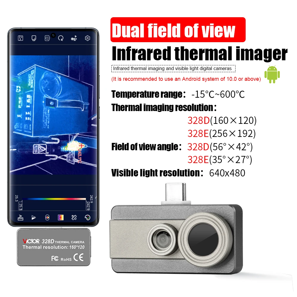 Victor 328E kamera termowizyjna komórkowy 256*192 Android Type-C kamera termowizyjna 25Hz dla zasilanie panelem słonecznym urządzenia do wykrywania