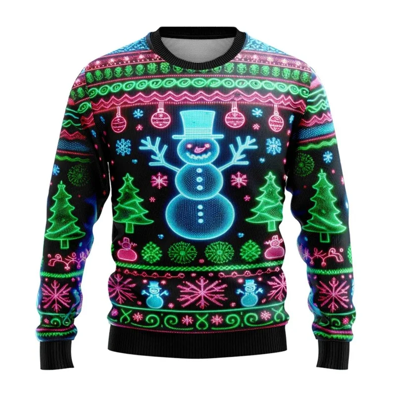 Neon boneco de neve gráfico sweatshirts 2024 feliz natal 3d impresso camisola feia para roupas femininas presentes floco de neve menino agasalho