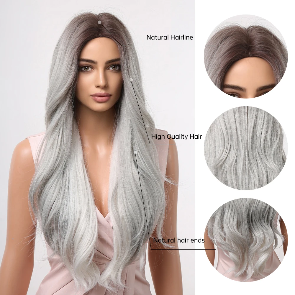 Long Body Wavy Wigs Grey with White Cosplay Synthetic Hair Wigs for Women Party Lolita Use Fake Hair Heat Resistant Dark Root