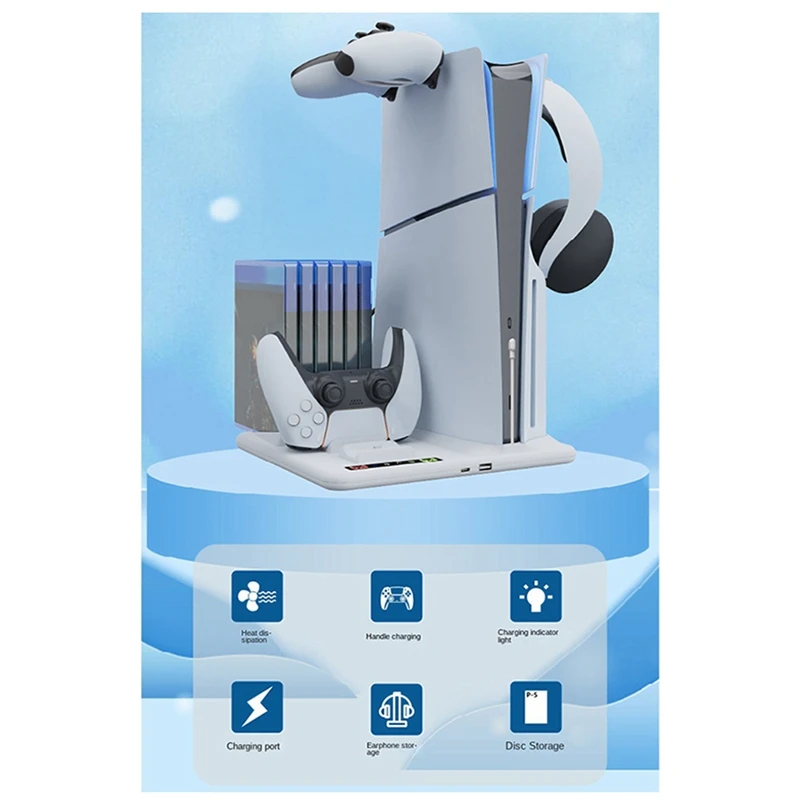 PS5 슬림 스탠드 베이스 및 냉각 선풍기 충전기, 컨트롤러 충전 스테이션 포함, 슬림 액세서리 독