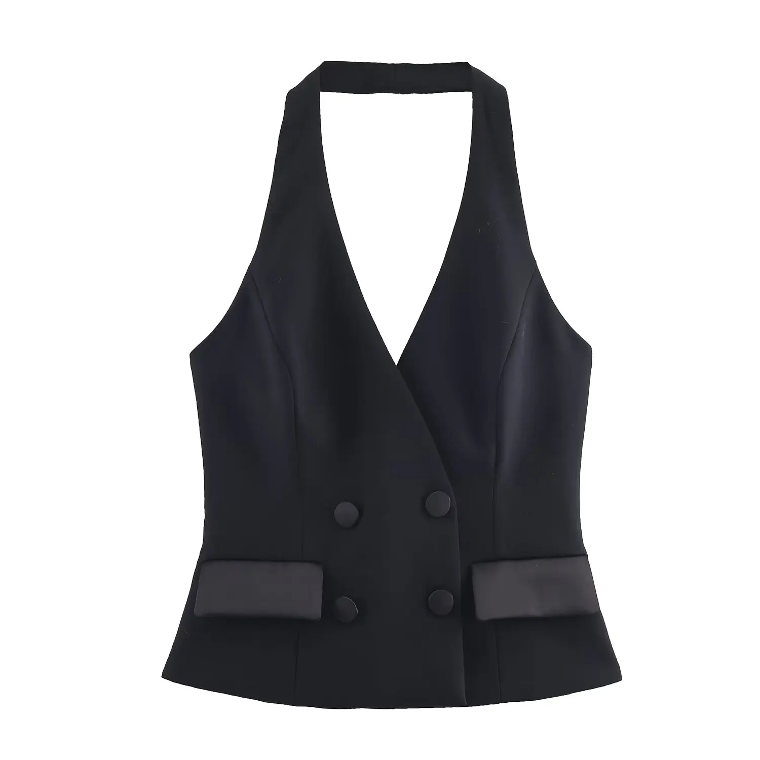 

Fashionable new women's spring and autumn black vest with neck collar and tailcoat, double breasted elegant office women's sleev