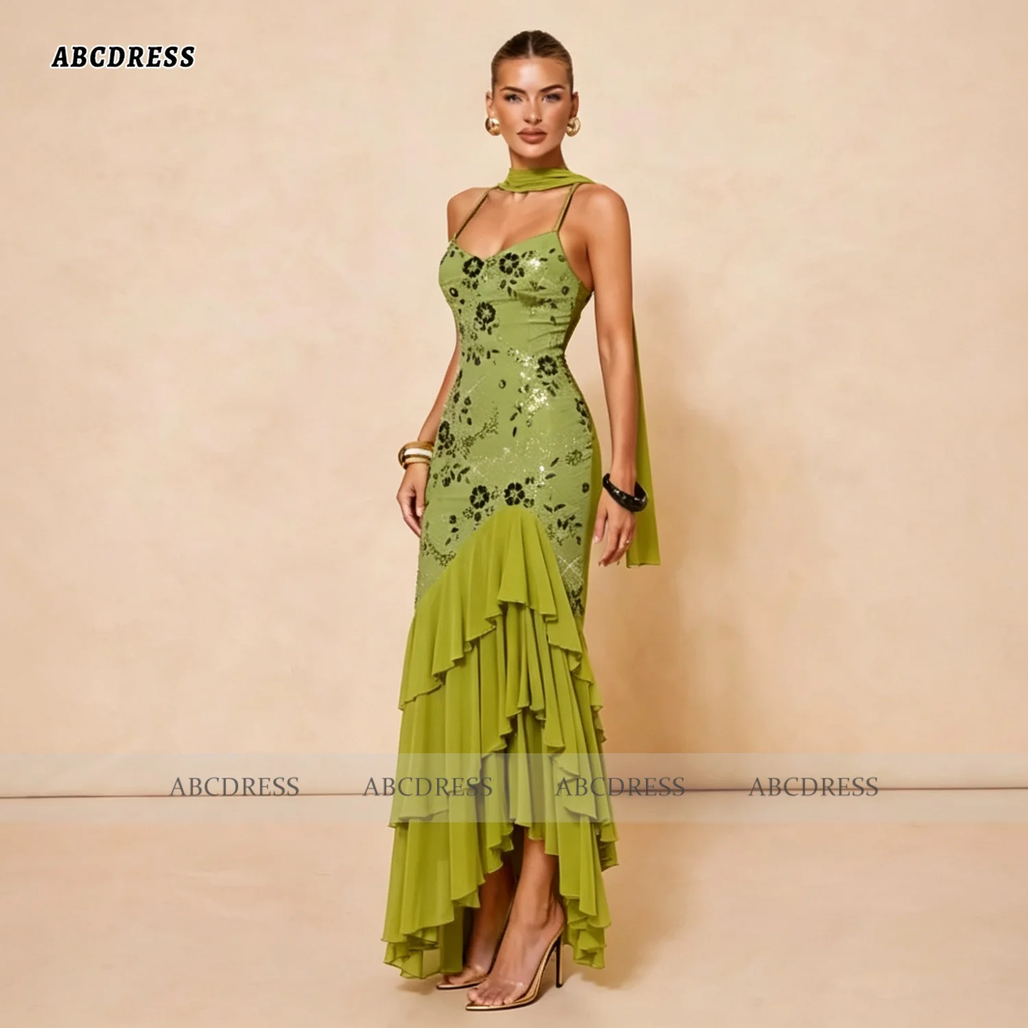 ABC Customized Elegant Olive Green Halter Neck Sequin Floral Evening Dress robes de soirée Mermaid Tiered Ruffle Prom Dress