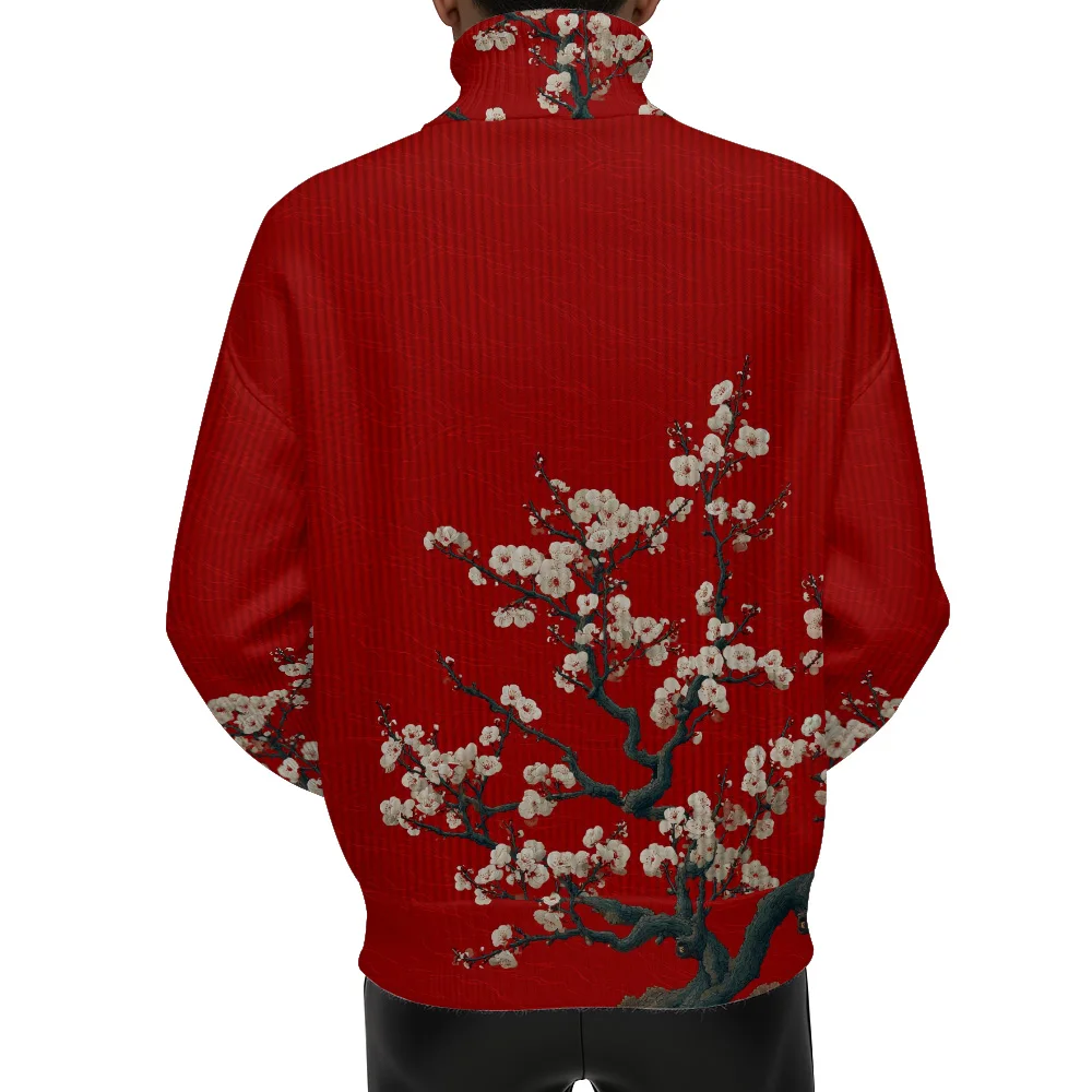 

Festive Bright Red Turtleneck Printed Sweater Plum Blossom Ribbed Cuffs & Hem Chic Soft Stylish Winter Fashion Look Daily Wear