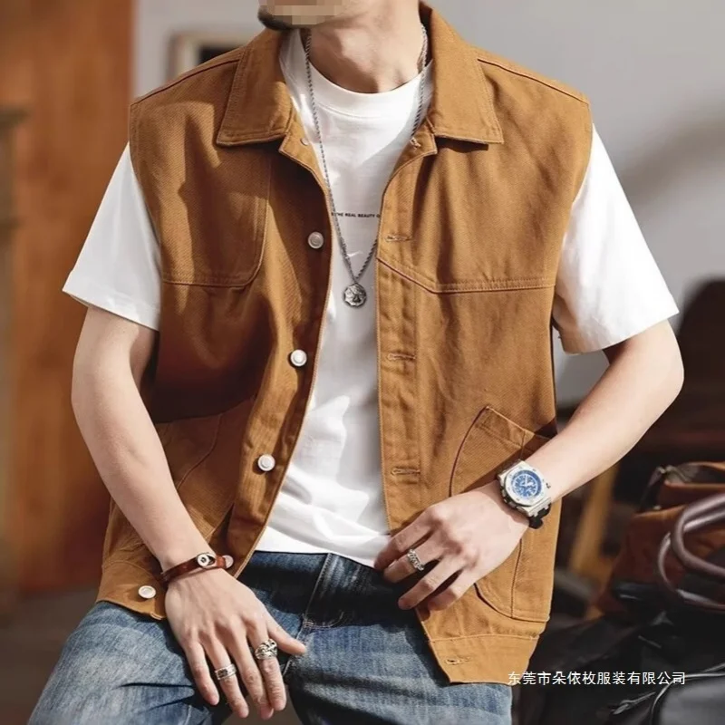 

Spring Summer American Retro Vest Men Loose Sleeveless Waistcoat Workwear Large Pocket Vest Retro Workwear