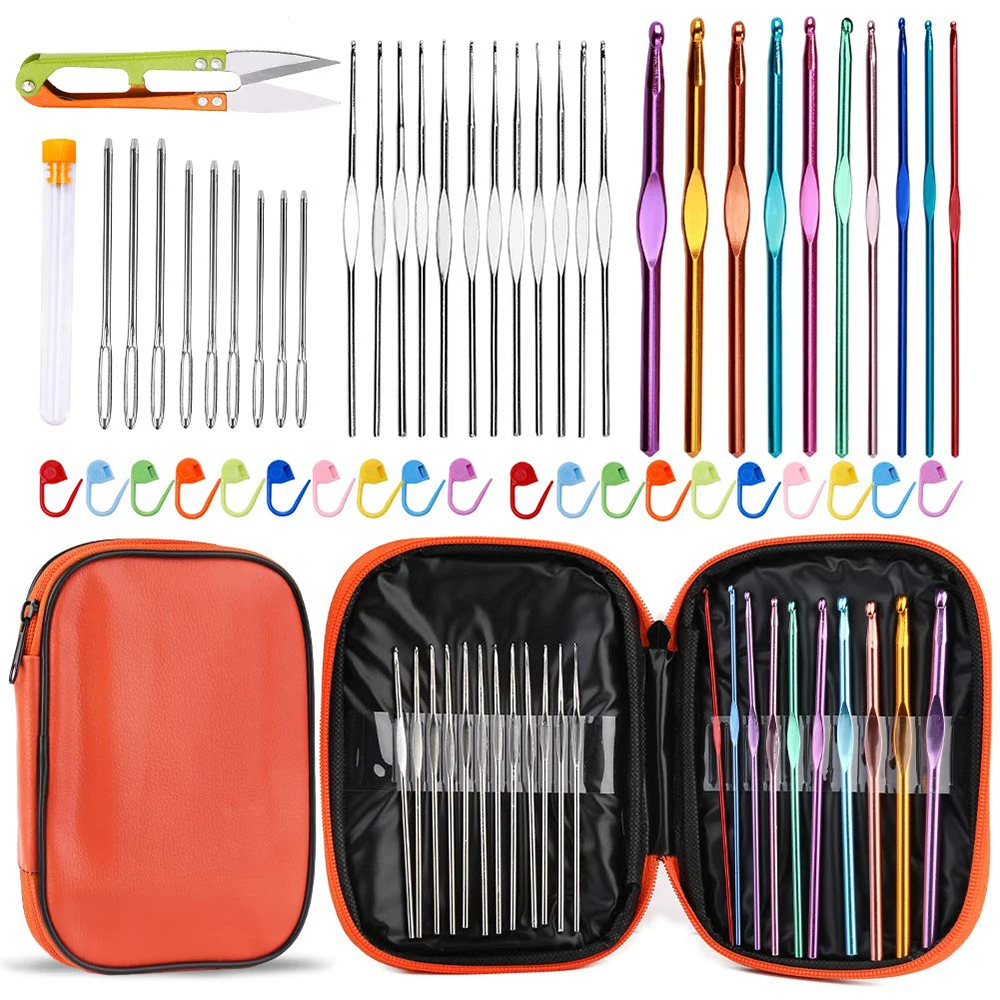 1 Satz handgefertigtes Nadel-Set, Häkelnadel-Set mit orangefarbenem Aufbewahrungskoffer, ergonomische Stricknadeln, Stichmarker für DIY-Handstricken