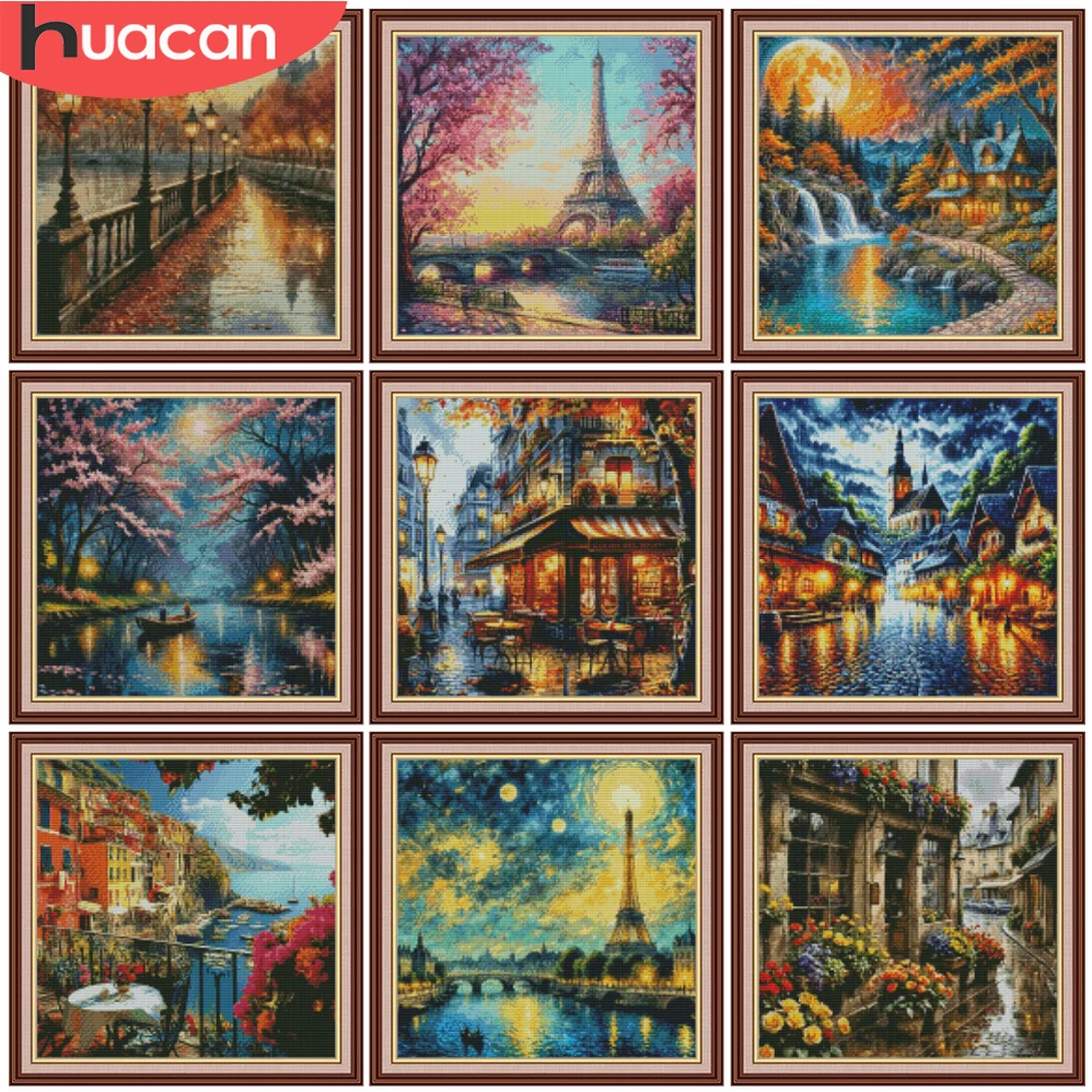 HUACAN 11CT Stickerei-Sets Turm-Landschaft Kreuzstich-Sets Stadt-Straße DIY Hobbys Handarbeit Wanddekoration