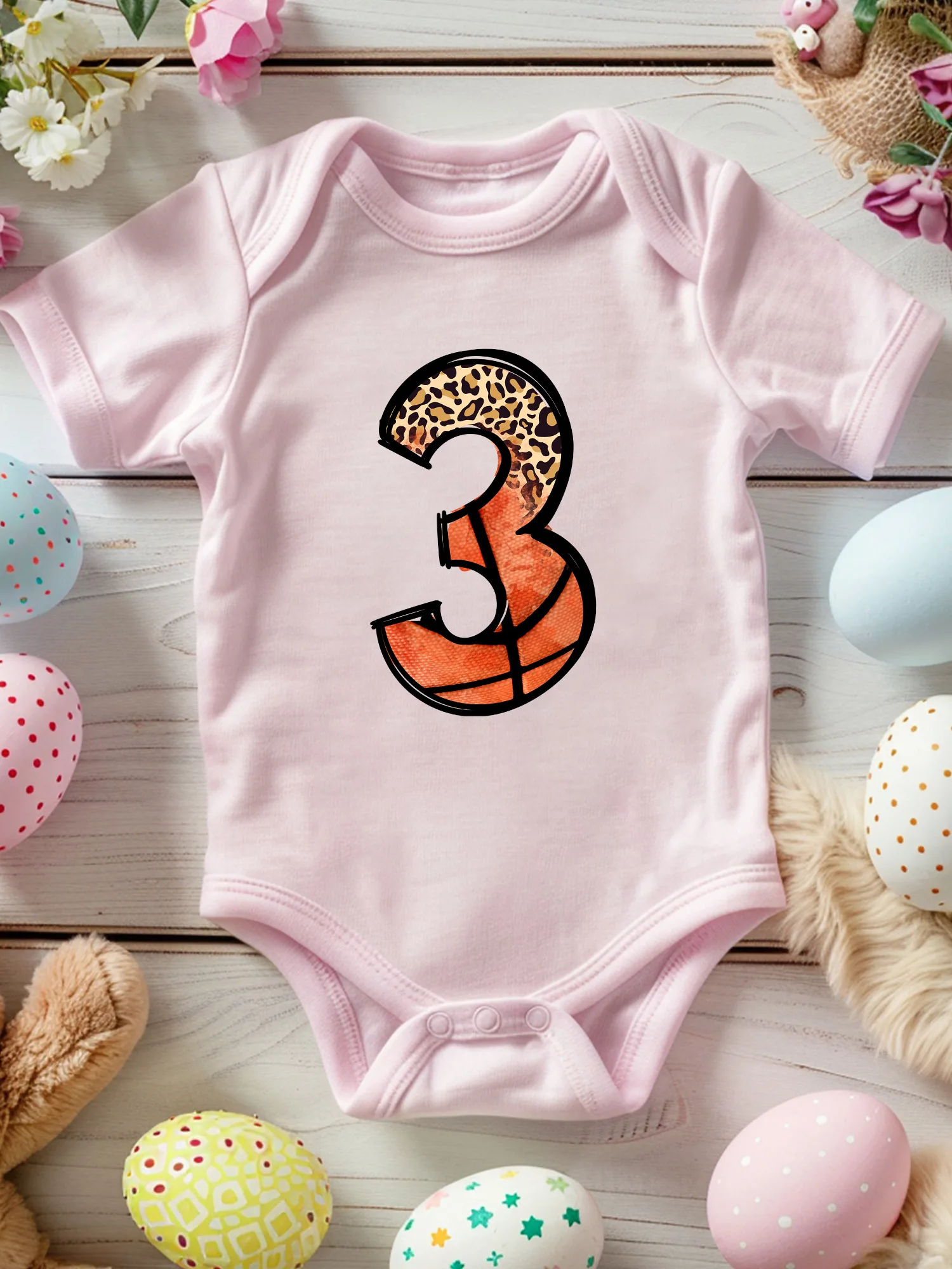 

Leopard Basketball Number 3 Unisex Baby Crawling Suit, 100% Cotton Soft Onesie, All-Season Wear Pink Bodysuit 190GSM