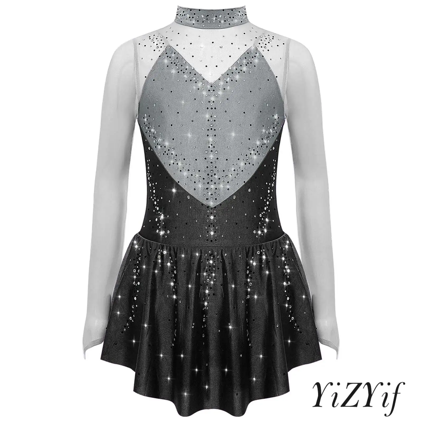 

Kids Girls Lyrical Modern Dance Dresses Mock Neck Long Sleeve Finger Holes Shiny Rhinestones Patchwork Dance Competition Wear