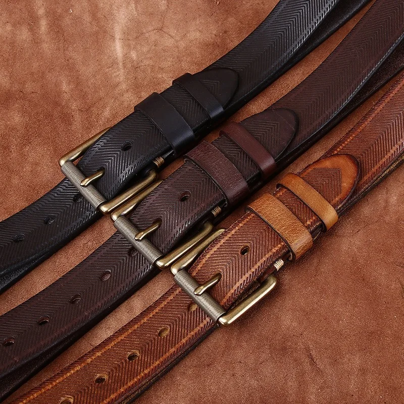 3.8CM Men High Quality Genuine Leather Belt Copper Buckle Belts Pure Cowskin Thickened Vegetable Tanning Male Jeans for Man