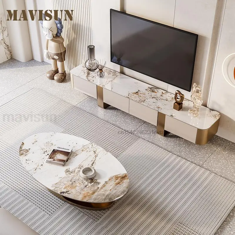 Luxury Tv Cabinet For Home Two Stainless Steel Ball Frame Stable Oval Rock Slab Desktop Center Table Living Room Coffee Tables