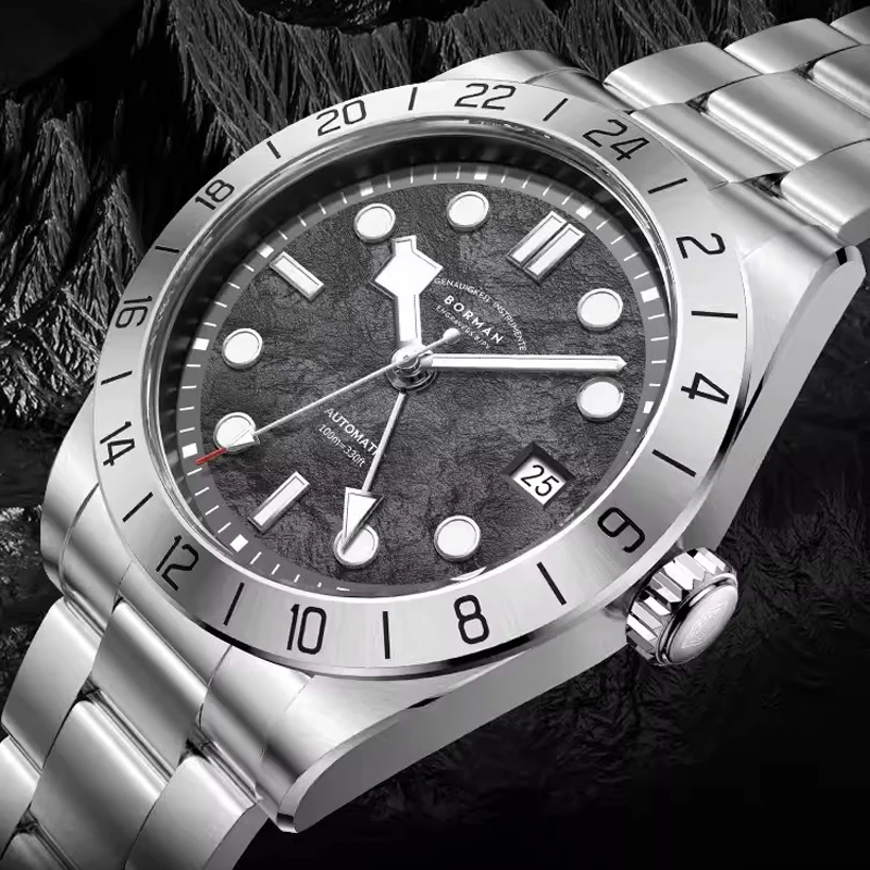 

Часы BORMAN из нержавеющей стали GMT, мужские автоматические механические наручные часы Seiko NH34A, водонепроницаемые часы с сапфировым стеклом